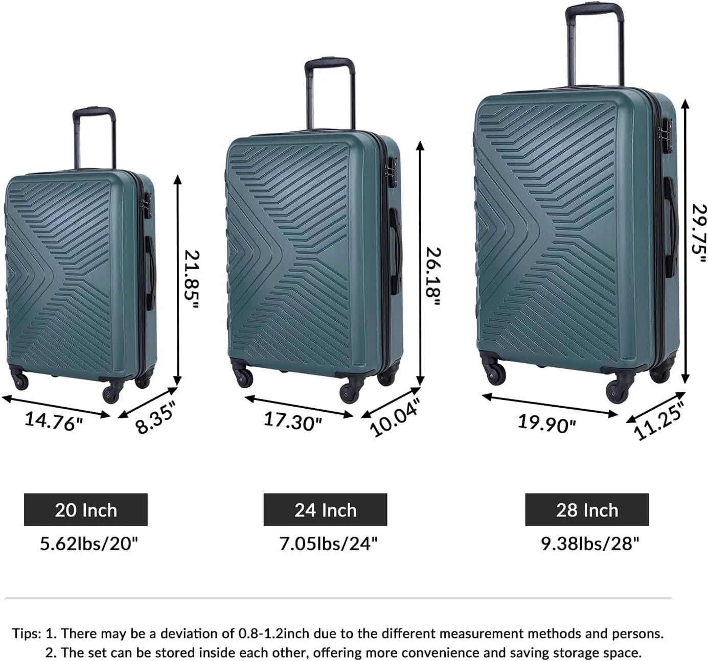 3 Piece Luggage Set,Travel Suitcase&Hard Shell Suitcases&Rolling Suitcase,Hardshell Luggage Sets with Spinner Wheels,Two Hooks,TSA Lock,Adjustable Pull Rod,Small&Lardge, ABS (20/24/28) (Dark Green)
