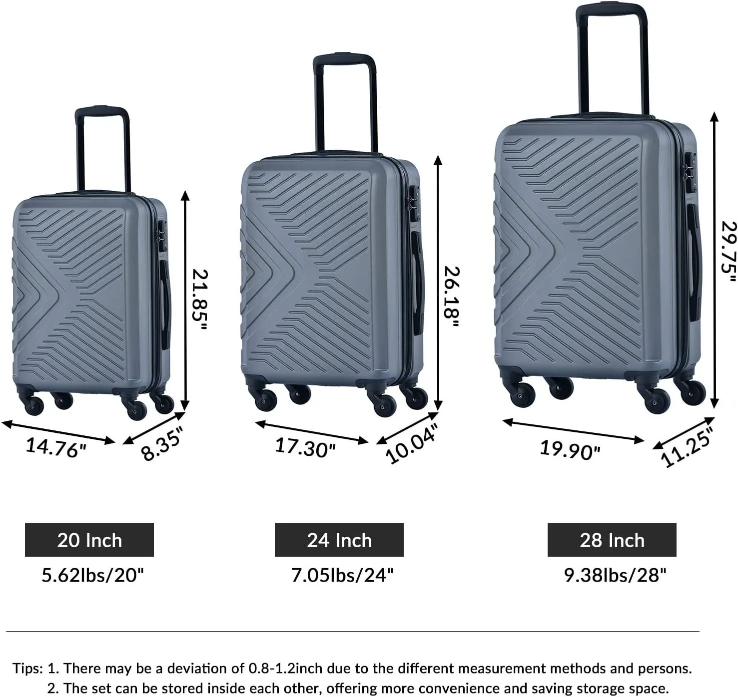 3 Piece Luggage Set,Travel Suitcase&Hard Shell Suitcases&Rolling Suitcase,Hardshell Luggage Sets with Spinner Wheels,Two Hooks,TSA Lock,Adjustable Pull Rod,Small&Lardge, ABS (20/24/28) (Gray)