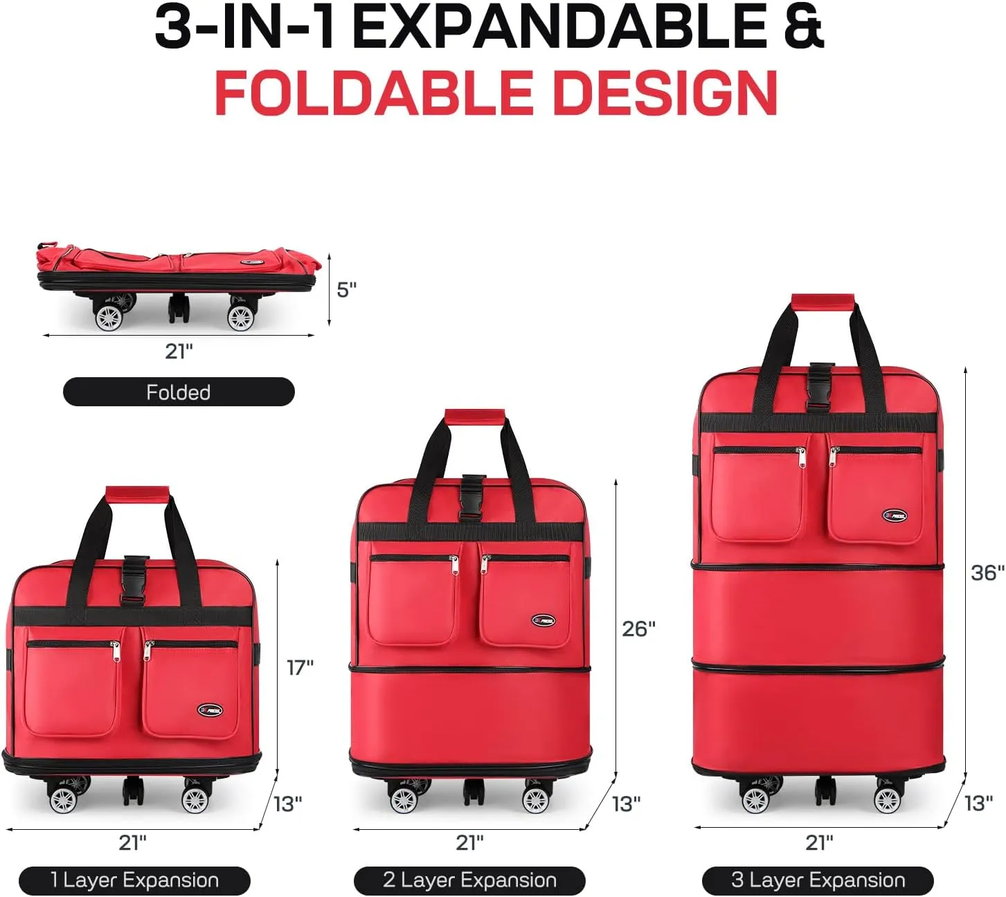 30''36''40''Rolling Duffle Bag with Wheels,Expandable Duffle Bag for Travel for Men Women,Foldable#36''Red