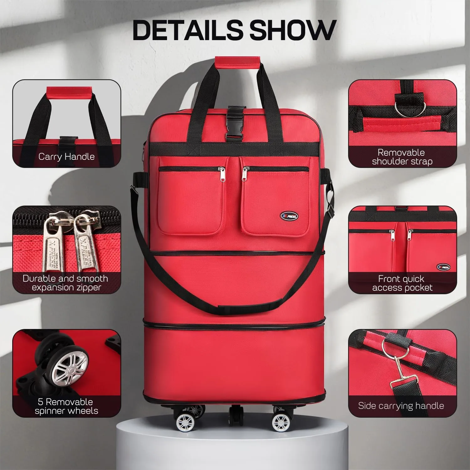 30''36''40''Rolling Duffle Bag with Wheels,Expandable Duffle Bag for Travel for Men Women,Foldable#36''Red