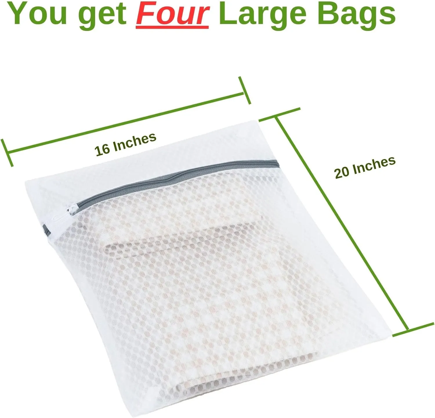 4 Large (16x20 inches) Honeycomb, durable Coarse Mesh Laundry Bags for washing machines, travel bags, with Zipper lock for Delicates (bras, lingerie, underwear, socks, stockings, blouse, silk)