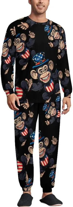 4th Of July Patriotic Chimpanzee Men's Pajama Set Crewneck Shirts And Bottoms Soft Pjs Set Long Sleeve Sleepwear Loungewear
