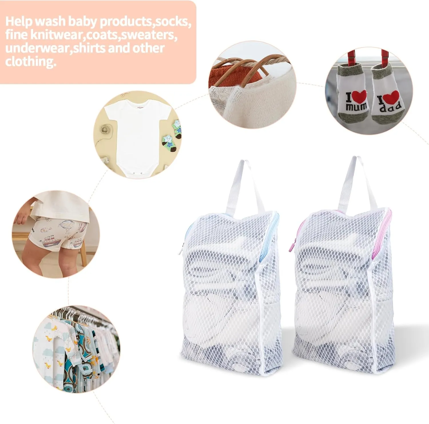 6 PCS Honeycomb Mesh Laundry Bag with Handle, 13.3 x 7.8 Inch Zippered Mesh Laundry Bag, Extra Large Opening, Side Widening, for Washing Socks, Baby Items, Lingerie, Travel Garments (Pink and Blue)