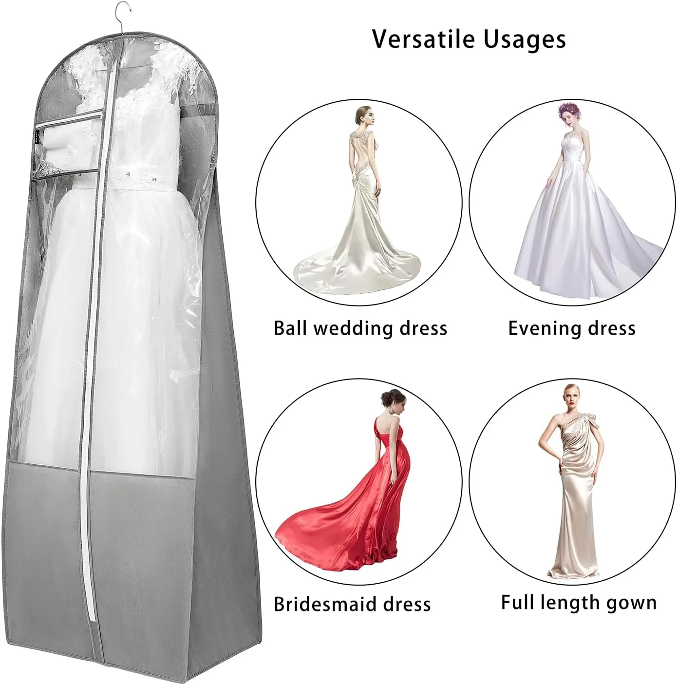 70" Bridal Wedding Dress Bag for Long Gowns Travel Garment Bag for Prom Evening Dress Petticoat With 15.7" Gusset (GREY)