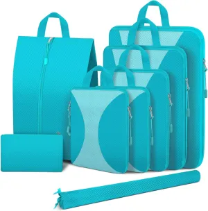 8 Set Compression Packing Cubes for Travel, Packing Cubes Compression Travel Accessories Expandable Packing Organizers for Carry on Luggage Suitcase (Turquoise)