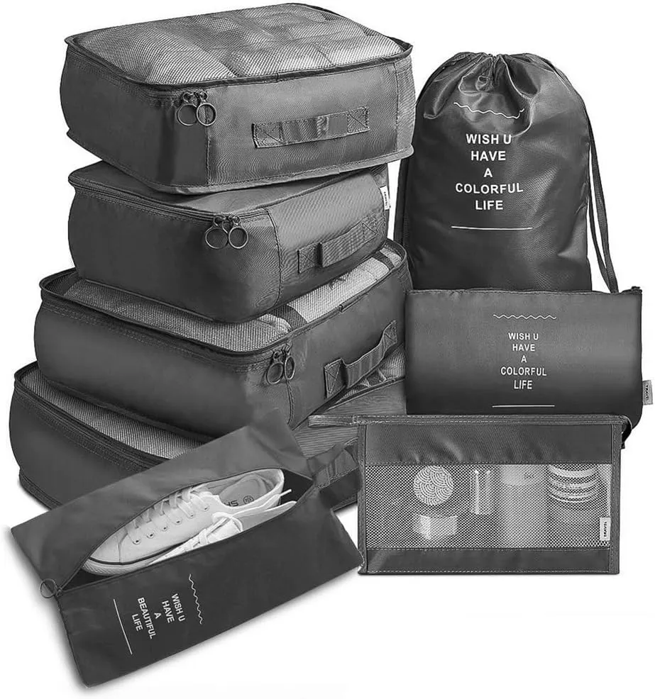 8 Set Packing Cubes with Portable Shoe Bag, Travel Underwear Storage Bag, and Makeup Bag for Suitcases Organizer Bags Set, Carry On Suitcase Luggage Organizers (Black)