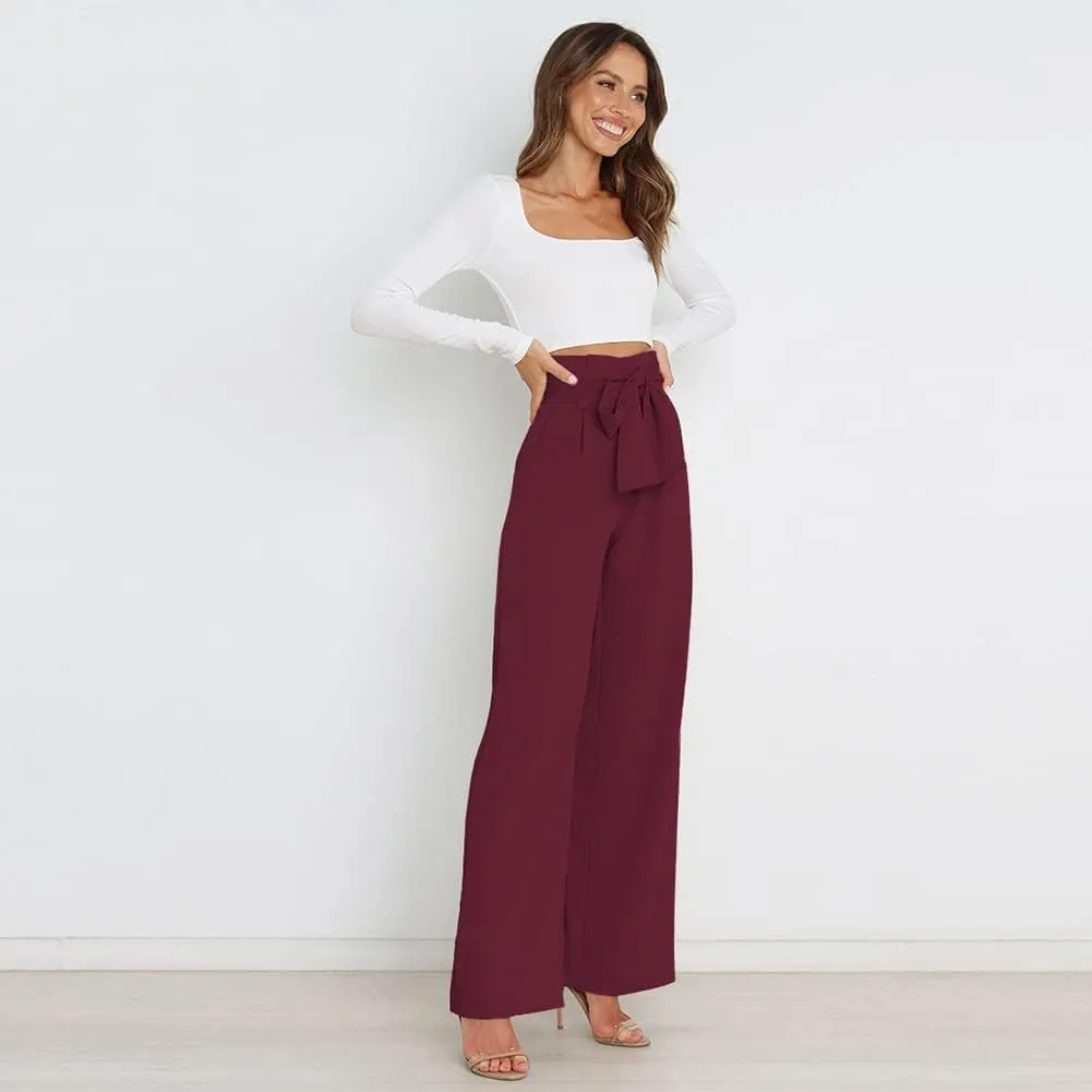 ABAFIP Women's High Waist Wide Leg Pants Business Work Office Casual Flared Palazzo Long Pants Belted Trousers