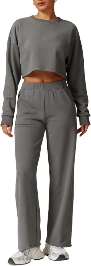 ABOCIW Womens 2 Piece Sweatsuits Set Long Sleeve Open Back Cropped Sweatshirt Wide Leg Sweatpants Fall Outfits Tracksuit