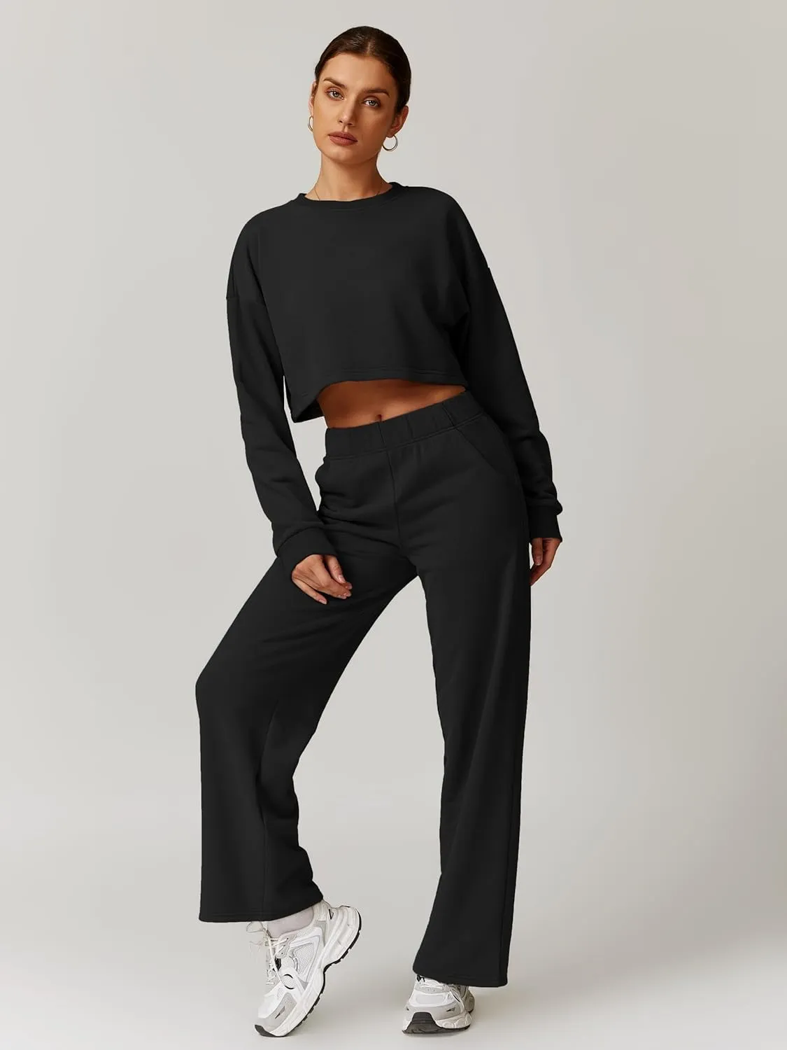 ABOCIW Womens 2 Piece Sweatsuits Set Long Sleeve Open Back Cropped Sweatshirt Wide Leg Sweatpants Fall Outfits Tracksuit