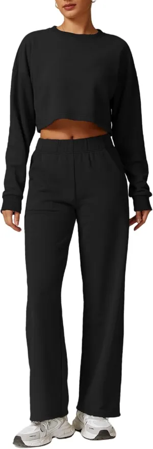 ABOCIW Womens 2 Piece Sweatsuits Set Long Sleeve Open Back Cropped Sweatshirt Wide Leg Sweatpants Fall Outfits Tracksuit