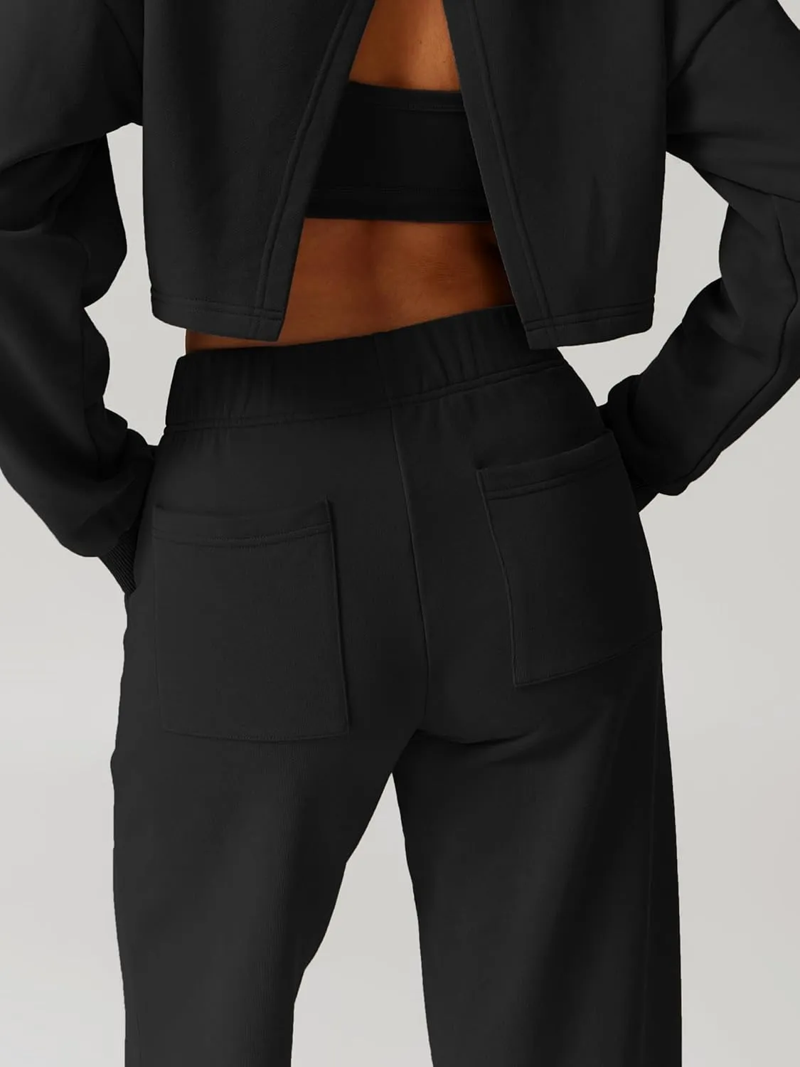 ABOCIW Womens 2 Piece Sweatsuits Set Long Sleeve Open Back Cropped Sweatshirt Wide Leg Sweatpants Fall Outfits Tracksuit