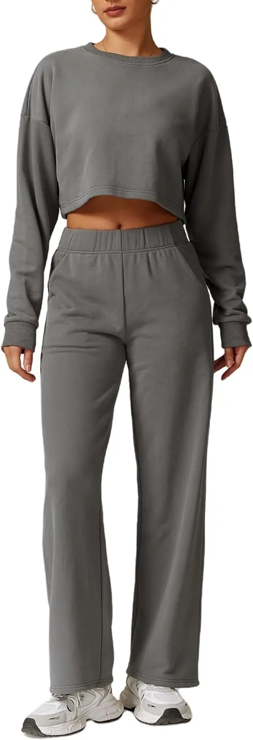 ABOCIW Womens 2 Piece Sweatsuits Set Long Sleeve Open Back Cropped Sweatshirt Wide Leg Sweatpants Fall Outfits Tracksuit