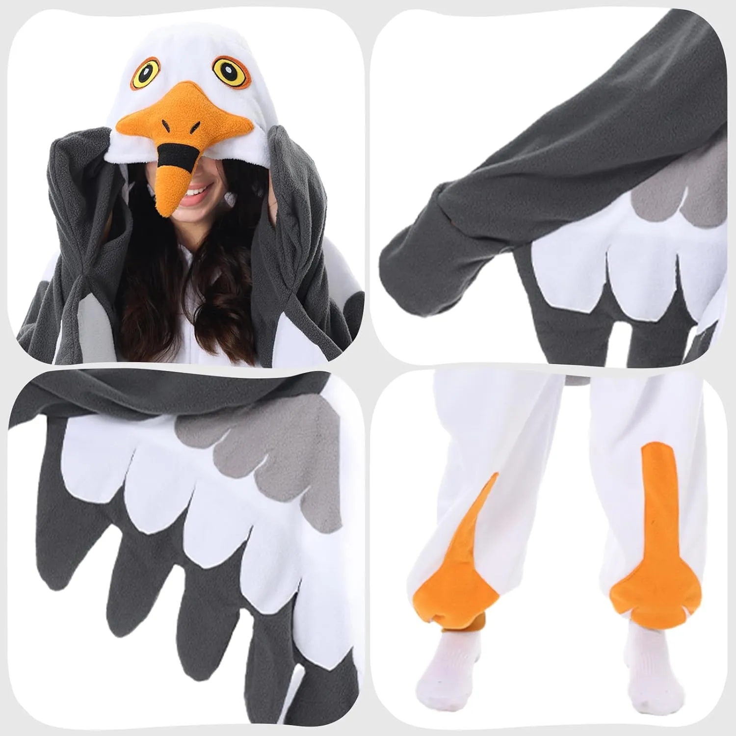 Adult Onesie Seagull Costume Unisex Halloween Cosplay Plush Animal Homewear Pajamas Sleepwear Jumpsuit for Women Men