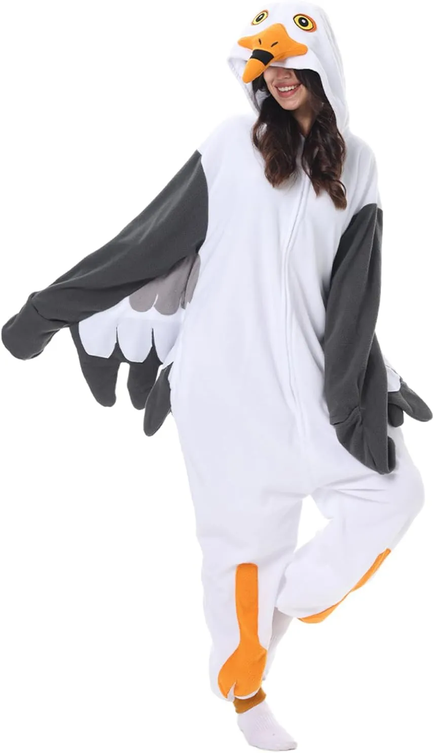 Adult Onesie Seagull Costume Unisex Halloween Cosplay Plush Animal Homewear Pajamas Sleepwear Jumpsuit for Women Men