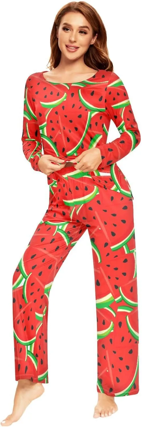 ALAZA Fruits Watermelon Pajamas Set for Women 2 Piece Long Sleeve Sleepwear Soft Casual Nightwear Lounge Set Loungewear