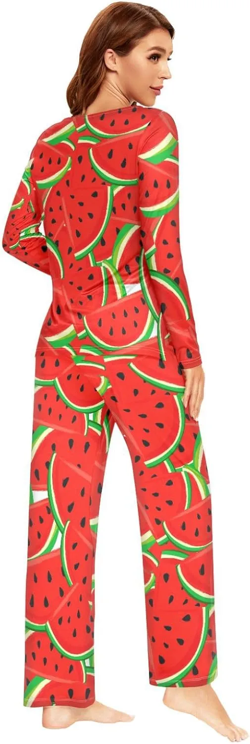 ALAZA Fruits Watermelon Pajamas Set for Women 2 Piece Long Sleeve Sleepwear Soft Casual Nightwear Lounge Set Loungewear