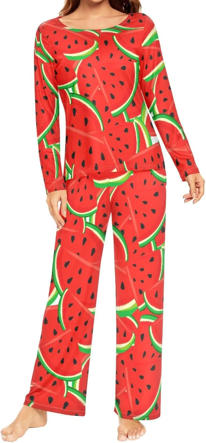 ALAZA Fruits Watermelon Pajamas Set for Women 2 Piece Long Sleeve Sleepwear Soft Casual Nightwear Lounge Set Loungewear