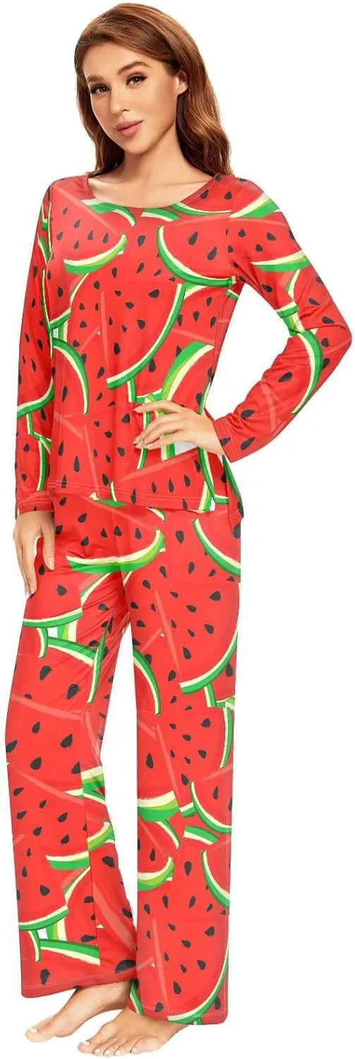 ALAZA Fruits Watermelon Pajamas Set for Women 2 Piece Long Sleeve Sleepwear Soft Casual Nightwear Lounge Set Loungewear