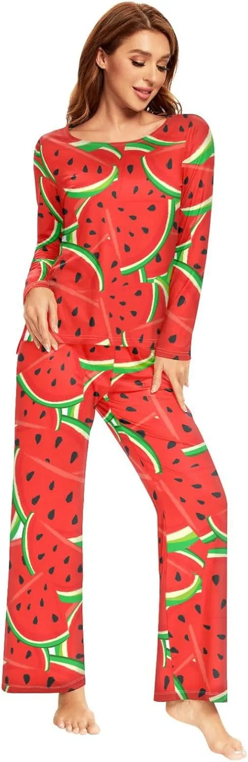 ALAZA Fruits Watermelon Pajamas Set for Women 2 Piece Long Sleeve Sleepwear Soft Casual Nightwear Lounge Set Loungewear