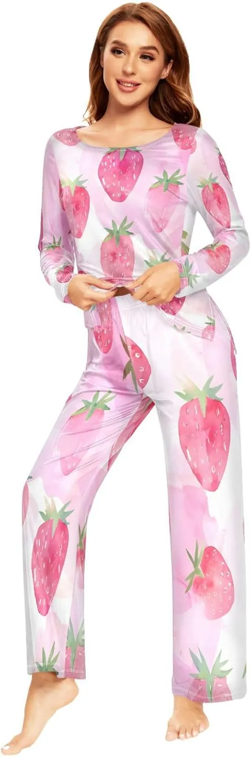 ALAZA Strawberry Pink Pajamas Set for Women 2 Piece Long Sleeve Sleepwear Soft Casual Nightwear Lounge Set Loungewear