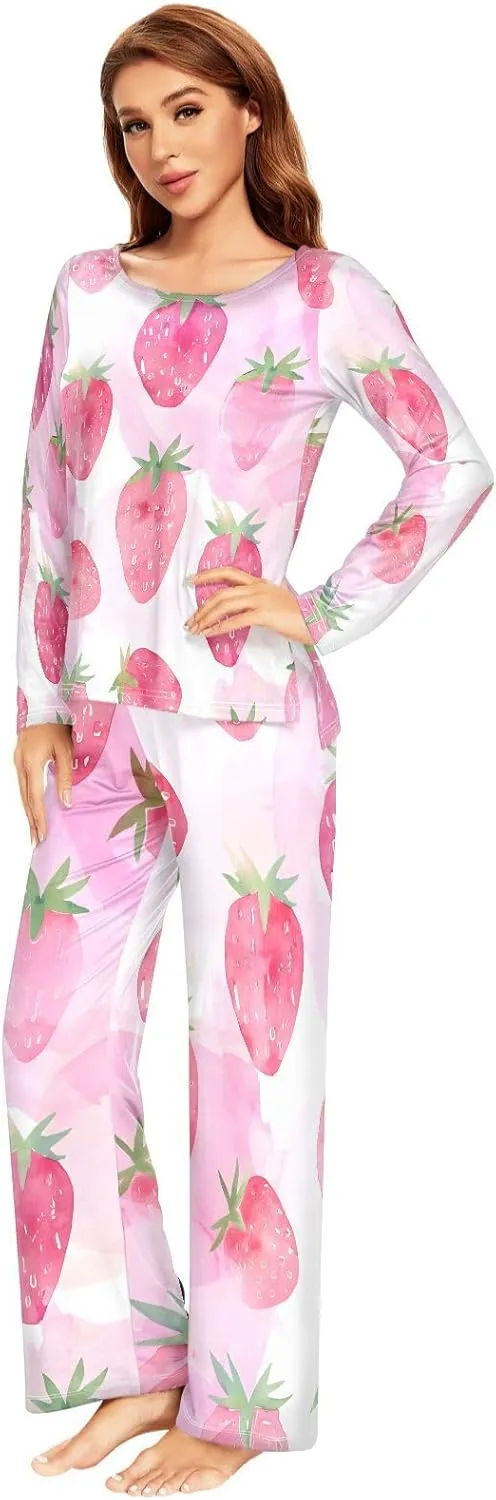 ALAZA Strawberry Pink Pajamas Set for Women 2 Piece Long Sleeve Sleepwear Soft Casual Nightwear Lounge Set Loungewear