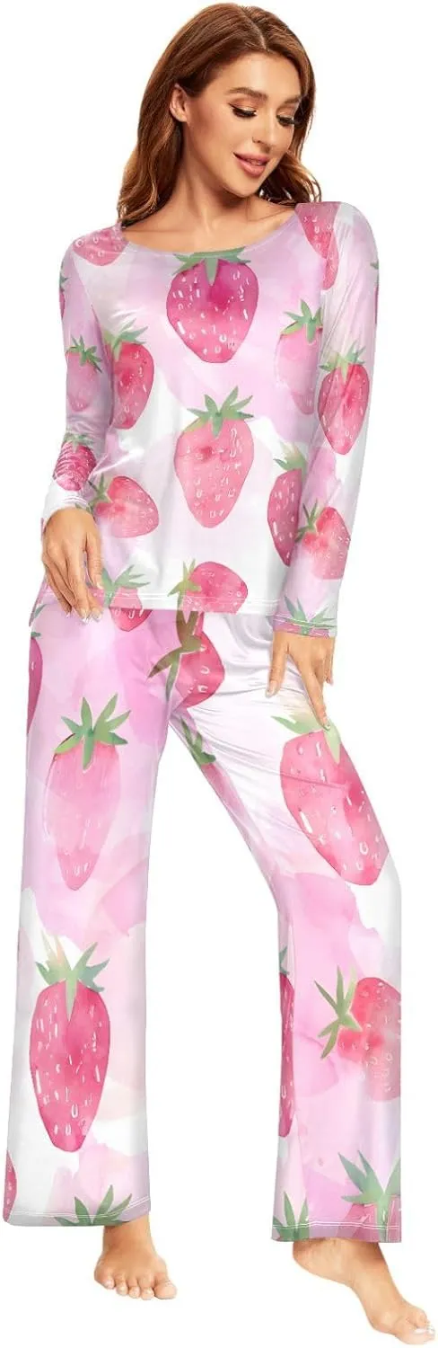 ALAZA Strawberry Pink Pajamas Set for Women 2 Piece Long Sleeve Sleepwear Soft Casual Nightwear Lounge Set Loungewear