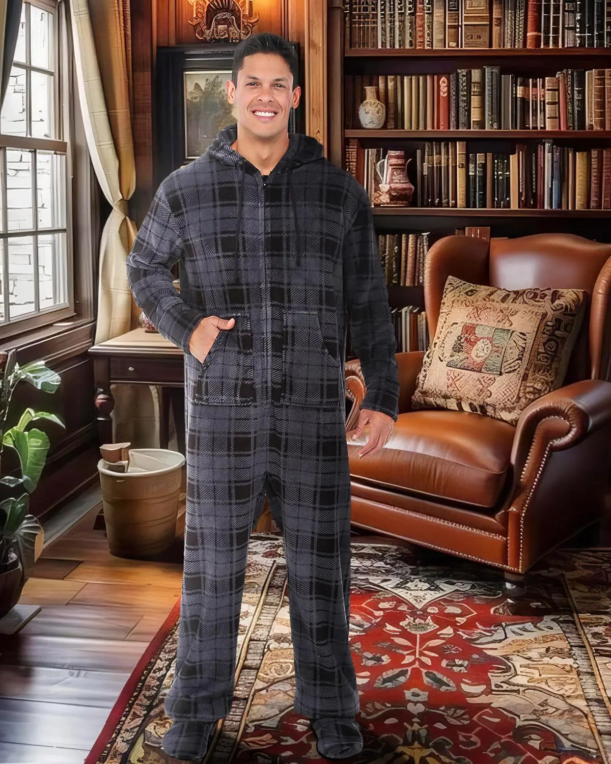 Alexander Del Rossa Adult Onesies for Men, Mens Onesie Pajamas Adults, Fleece Onesie for Men, Hooded Footed Mens Onsie
