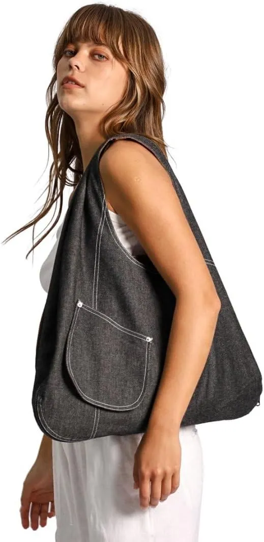 Amazhiyu Women's Linen Denim Zip-up Waistcoat Sleeveless Tops Dual-use Hobo Bag