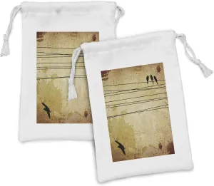 Ambesonne Birds Fabric Pouch Set of 2, Cables and Animals Image on Vintage Paper Style Background Paint Stains Pattern Print, Small Drawstring Bag for Toiletries Masks and Favors, 9" x 6", Mustard