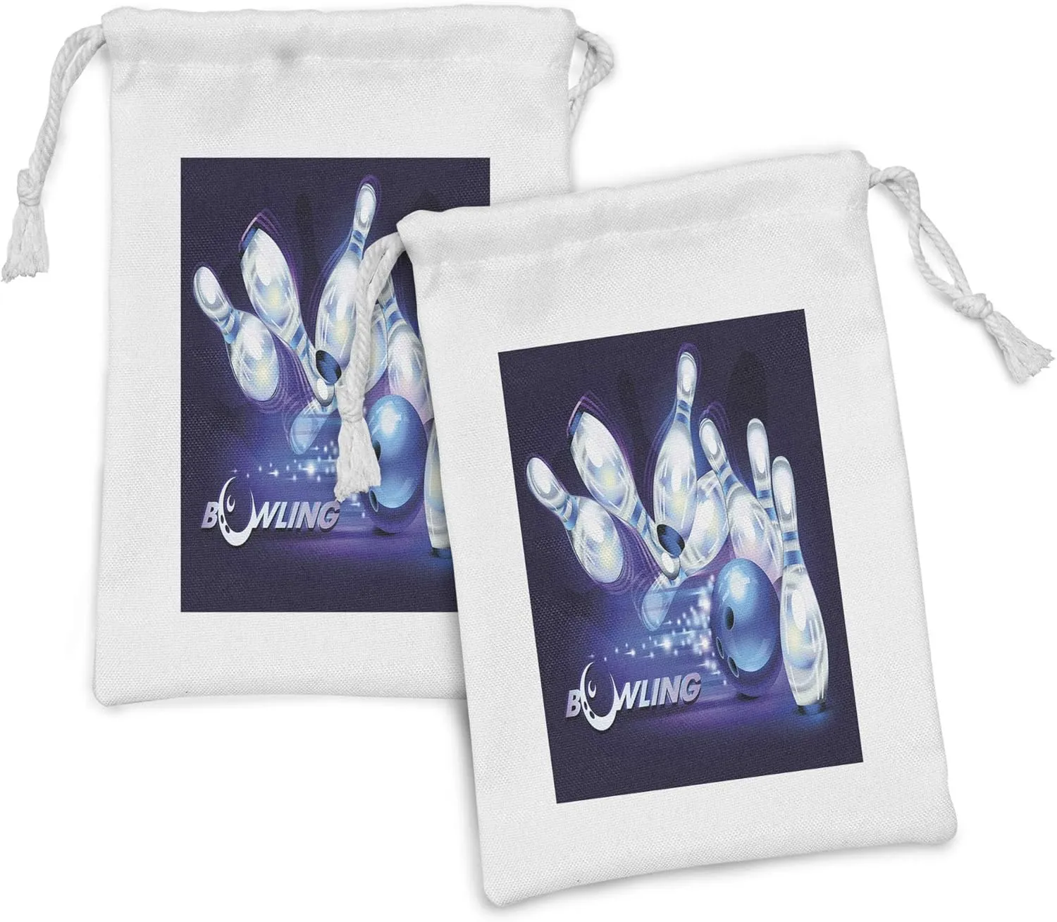 Ambesonne Bowling Party Fabric Pouch Set of 2, Fantasy Design Vibrant Ball and Scattered Pins with Crescent Moon, Small Drawstring Bag for Toiletries Masks and Favors, 9" x 6", Indigo White Blue