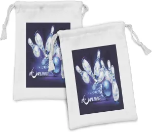 Ambesonne Bowling Party Fabric Pouch Set of 2, Fantasy Design Vibrant Ball and Scattered Pins with Crescent Moon, Small Drawstring Bag for Toiletries Masks and Favors, 9" x 6", Indigo White Blue