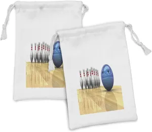 Ambesonne Bowling Party Fabric Pouch Set of 2, Vivid Objects Ball and Pins on a Parquet Floor Print Party Set, Small Drawstring Bag for Toiletries Masks and Favors, 9" x 6", Blue Pale Brown White