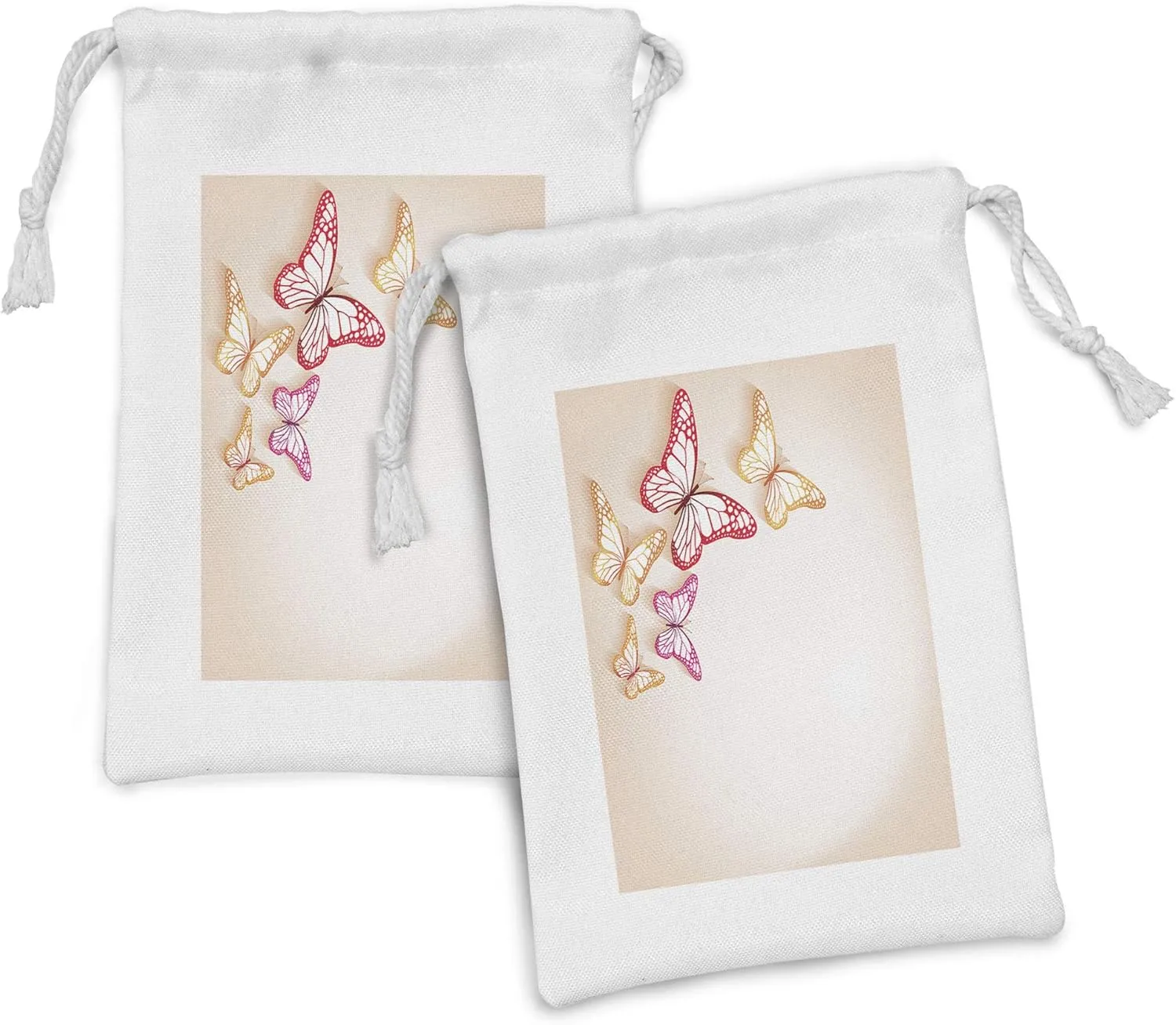 Ambesonne Butterfly Fabric Pouch Set of 2, Paper Cut Image of Colorful Butterflies on Background Nature Themed Art, Small Drawstring Bag for Toiletries Masks and Favors, 9" x 6", Yellow Red Beige