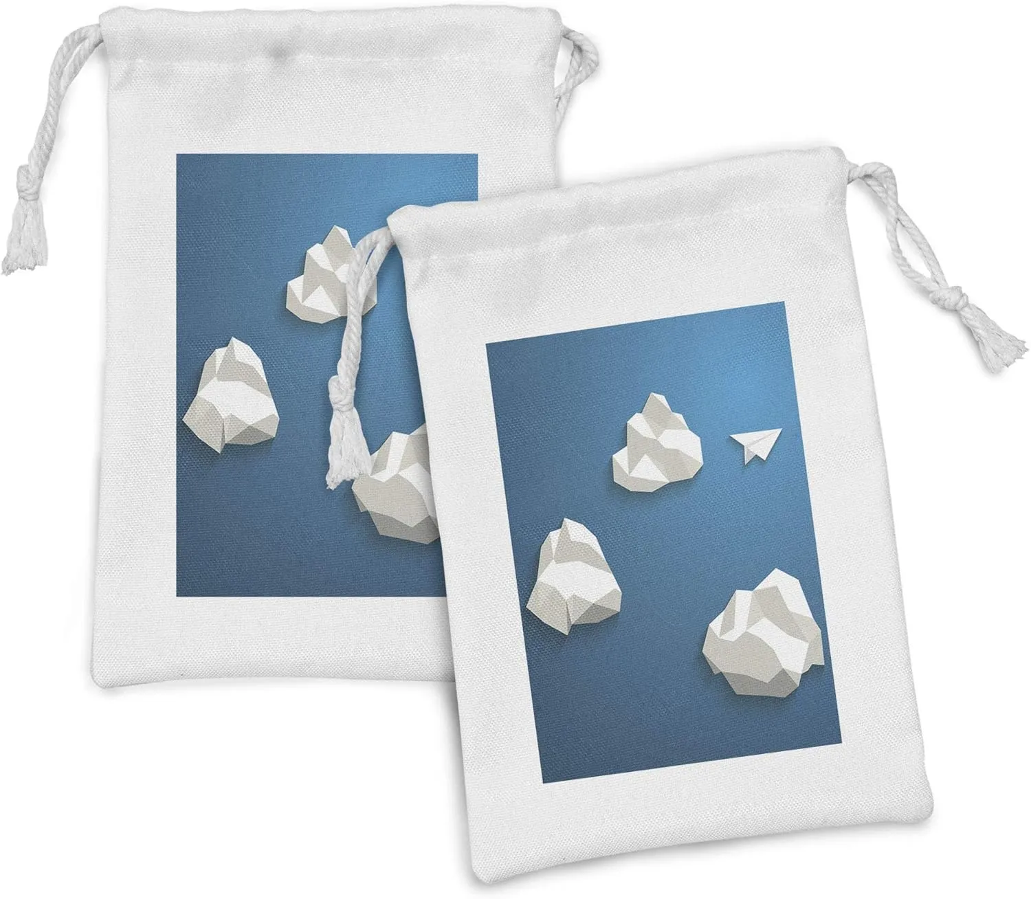 Ambesonne Cloud Fabric Pouch Set of 2, Paper Plane Flying Through Polygonal Clouds Modern Abstract Arrangement Travel Theme, Small Drawstring Bag for Toiletries Masks and Favors, 9" x 6", Blue White