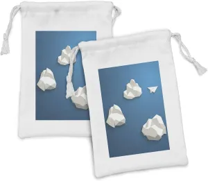 Ambesonne Cloud Fabric Pouch Set of 2, Paper Plane Flying Through Polygonal Clouds Modern Abstract Arrangement Travel Theme, Small Drawstring Bag for Toiletries Masks and Favors, 9" x 6", Blue White