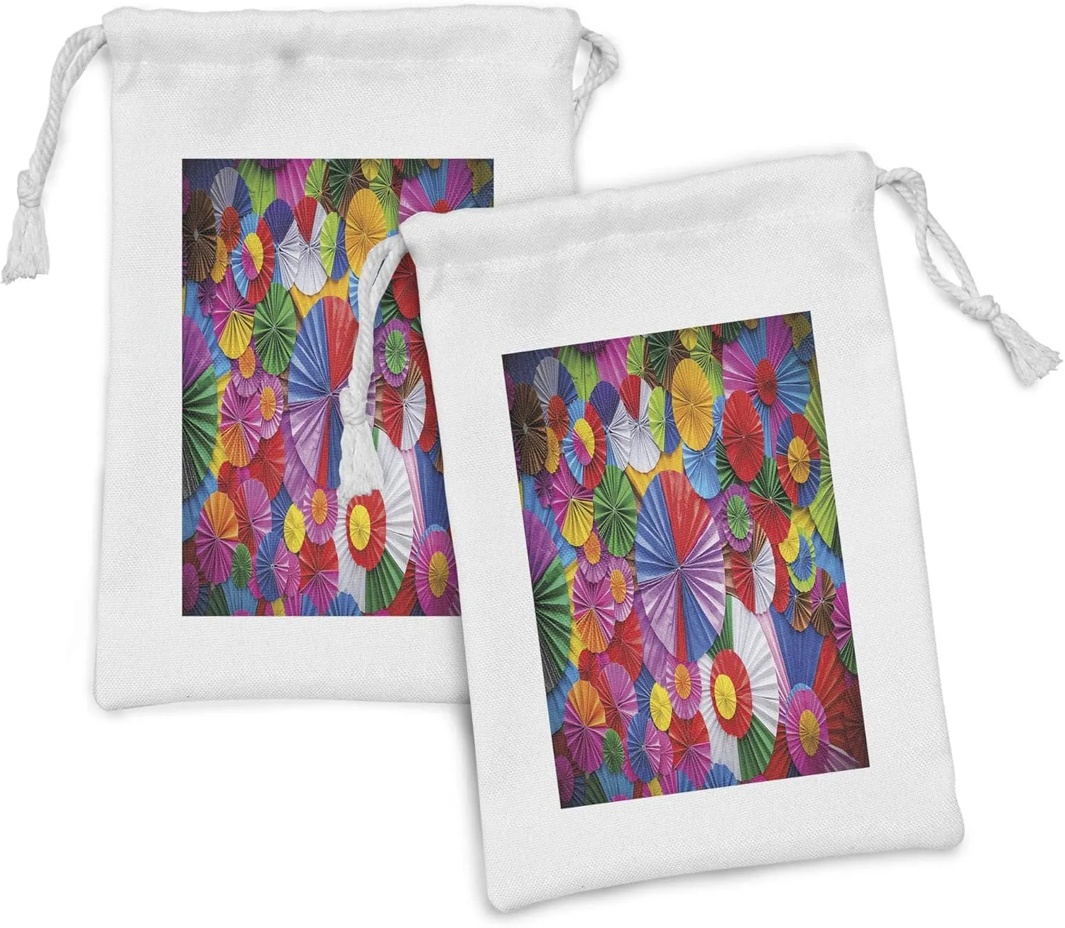 Ambesonne Colorful Fabric Pouch Set of 2, Close Up Paper Formed Like Circular Top View Color Jumble Design Photography Print, Small Drawstring Bag for Toiletries Masks and Favors, 9" x 6", Multicolor