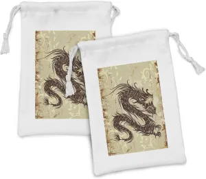 Ambesonne Japanese Dragon Fabric Pouch Set of 2, Antique Paper Style Grunge Backdrop with Old, Small Drawstring Bag for Toiletries Masks and Favors, 9" x 6", Brown Yellow Beige