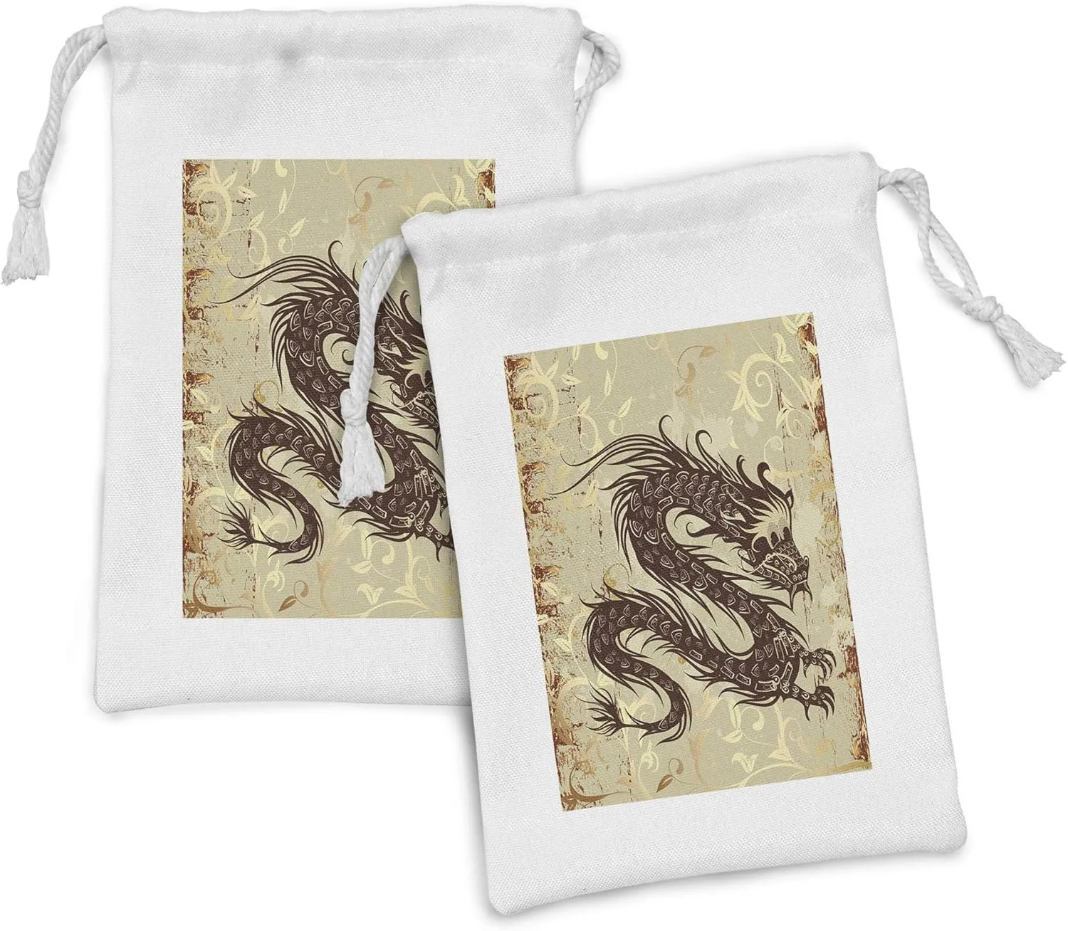 Ambesonne Japanese Dragon Fabric Pouch Set of 2, Antique Paper Style Grunge Backdrop with Old, Small Drawstring Bag for Toiletries Masks and Favors, 9" x 6", Brown Yellow Beige