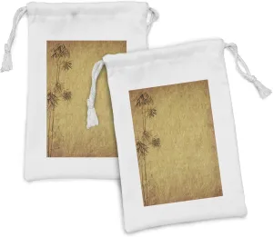 Ambesonne Japanese Fabric Pouch Set of 2, Branches on Old Grunge Weathered Antique Paper Look Vintage Feng Shui, Small Drawstring Bag for Toiletries Masks and Favors, 9" x 6", Apricot and Olive Green