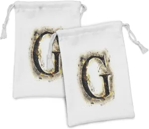 Ambesonne Letter G Fabric Pouch Set of 2, Abstract Blaze Alphabet Design Burnt Capital Paper Effect, Small Drawstring Bag for Toiletries Masks and Favors, 9" x 6", Yellow Black Tan
