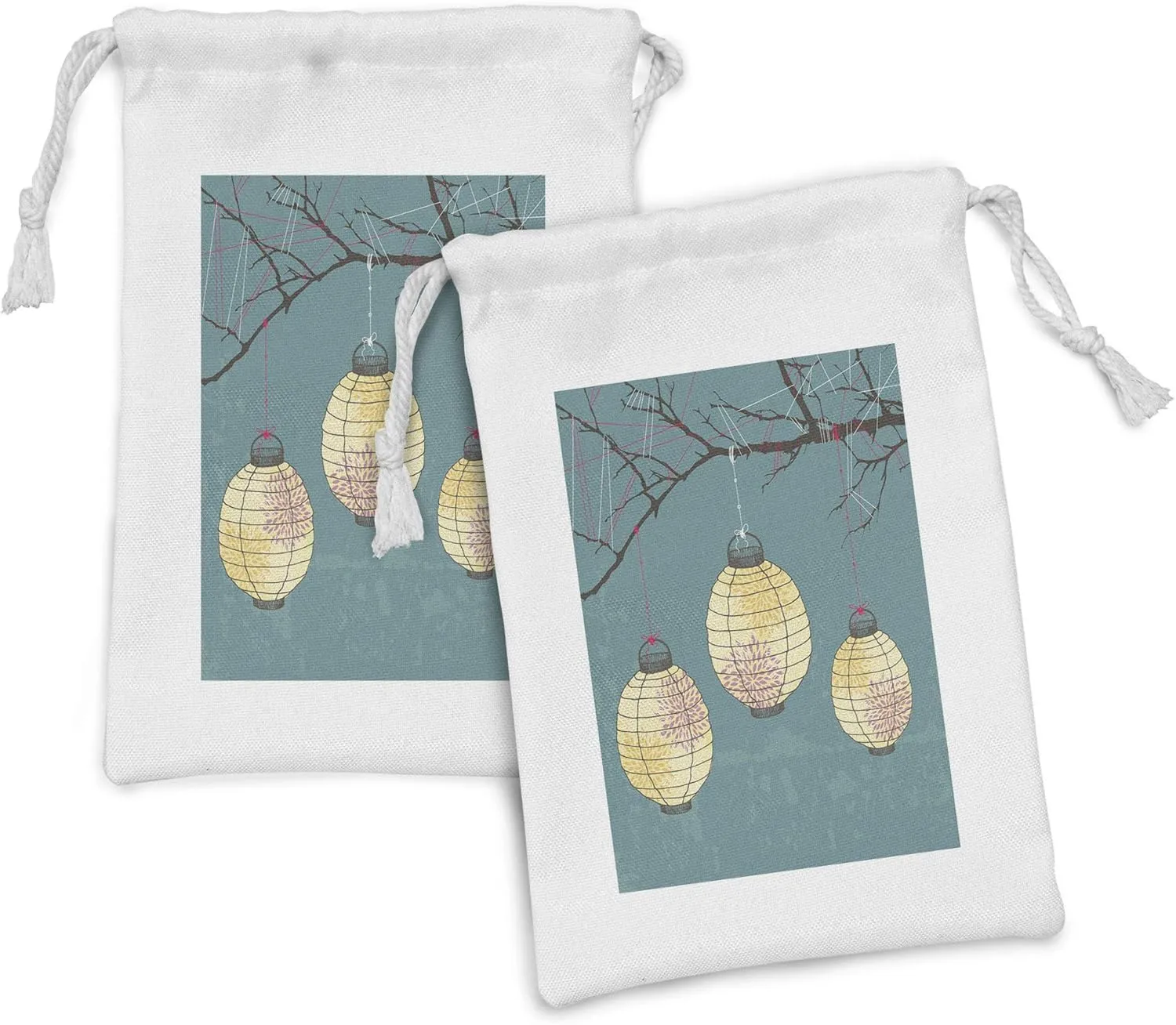 Ambesonne Oriental Fabric Pouch Set of 2, Print of 3 Paper Hanging on Branches Lighting Fixture Source Lamp Boho Art, Small Drawstring Bag for Toiletries Masks and Favors, 9" x 6", Pale Yellow Teal