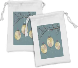 Ambesonne Oriental Fabric Pouch Set of 2, Print of 3 Paper Hanging on Branches Lighting Fixture Source Lamp Boho Art, Small Drawstring Bag for Toiletries Masks and Favors, 9" x 6", Pale Yellow Teal