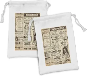 Ambesonne Paris Fabric Pouch Set of 2, Vintage Old Historic Newspaper Journal French Paper Lettering Art Design, Small Drawstring Bag for Toiletries Masks and Favors, 9" x 6", Army Green and Beige