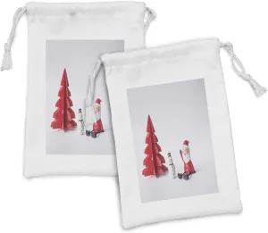 Ambesonne Snowman Fabric Pouch Set of 2, Picture of Paper Cut Christmas Tree and a Santa Claus Arranged Print, Small Drawstring Bag for Toiletries Masks and Favors, 9" x 6", Pale Grey and Dark Pink