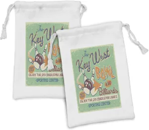 Ambesonne Vintage Fabric Pouch Set of 2, Retro Bowling Game Night with Abstract Background Words Image, Small Drawstring Bag for Toiletries Masks and Favors, 9" x 6", Fern Green Burgundy