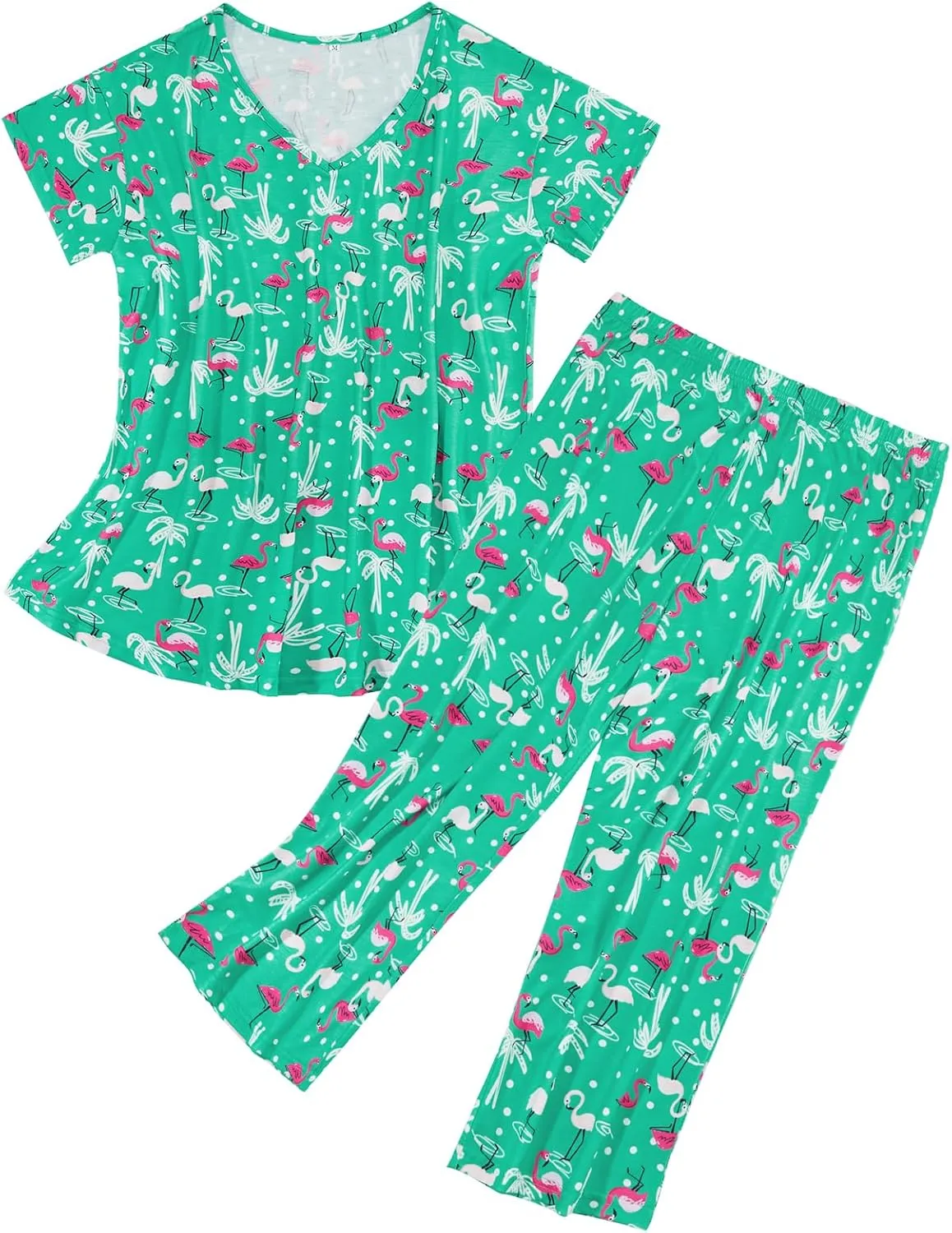 American Trends 2 Pack Short Sleeve Pajamas for Women Set Cotton Pj Set Tops with Capri Pants Summer Sleepwear