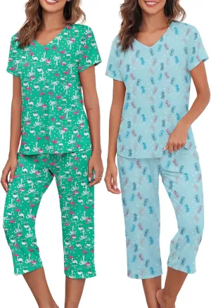 American Trends 2 Pack Short Sleeve Pajamas for Women Set Cotton Pj Set Tops with Capri Pants Summer Sleepwear