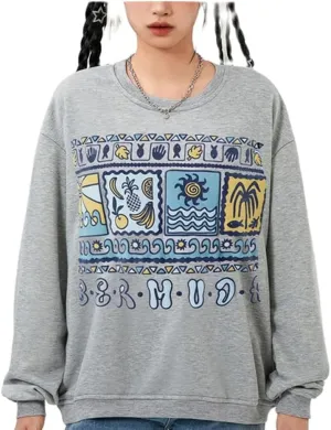 Amiblvowa Y2k Womens Vintage Graphic Crewneck Oversized Sweatshirt Long Sleeve Drop Shoulder Shirts Tops Preppy 90s Clothes