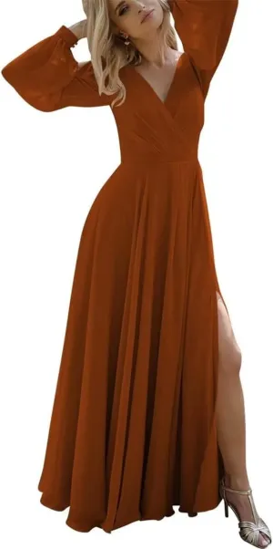 ANYSWBKN Fluffy Long Sleeves Bridesmaid Dresses for Wedding Chiffon V-Neck Evening Party Prom Maxi Gown with Slit
