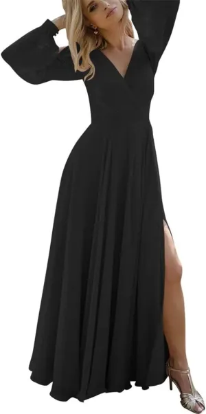 ANYSWBKN Fluffy Long Sleeves Bridesmaid Dresses for Wedding Chiffon V-Neck Evening Party Prom Maxi Gown with Slit